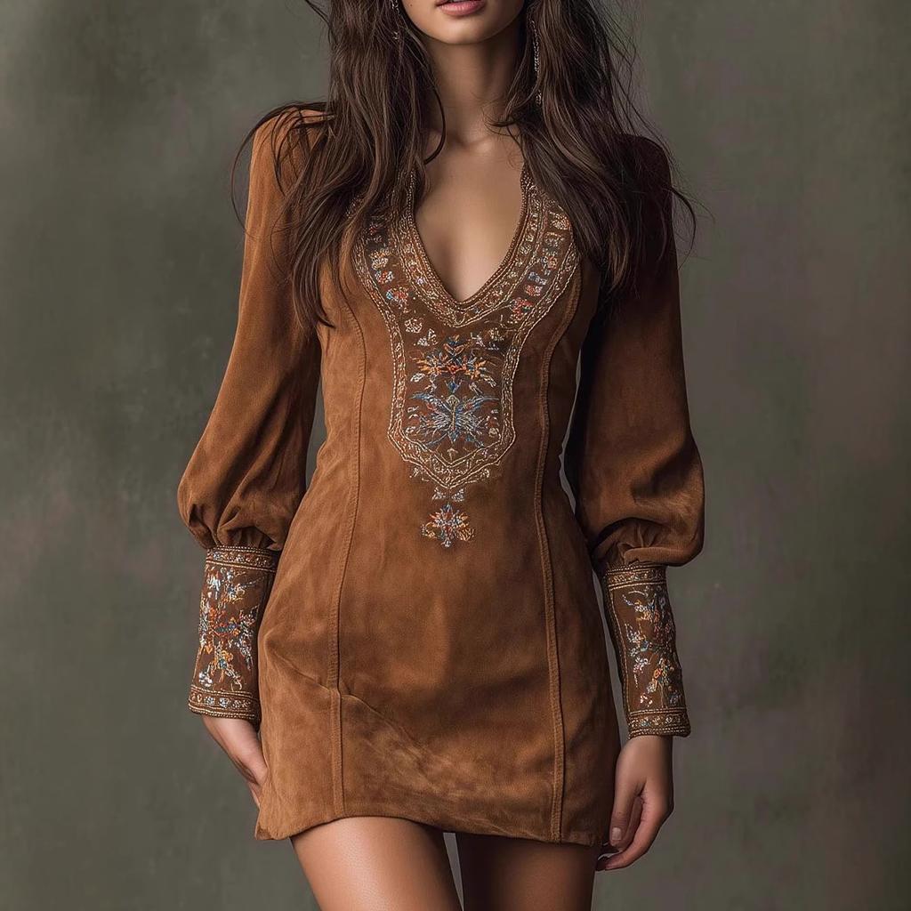 New Fashion Long-sleeved V-neck Sexy Dress Casual Women's Embroidery Dress