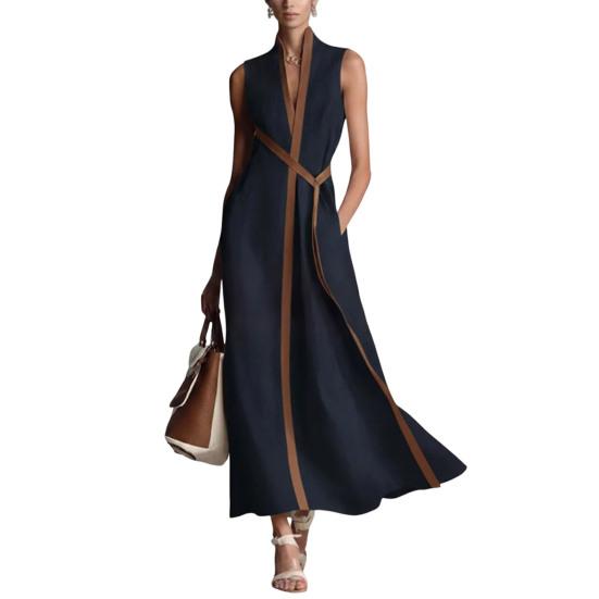Sommer ärmelloses Kleid für Damen, lässig, Stehkragen, V-Ausschnitt, Maxikleid, fließend