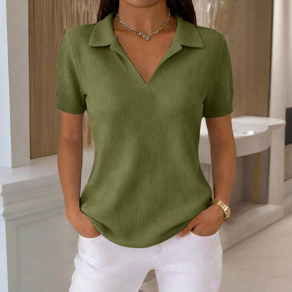 Women's Fashion -Color T-Shirt — Retro Lapel, -Knit, Short-Sleeve Top for Daily Commuting (Spring/Summer)