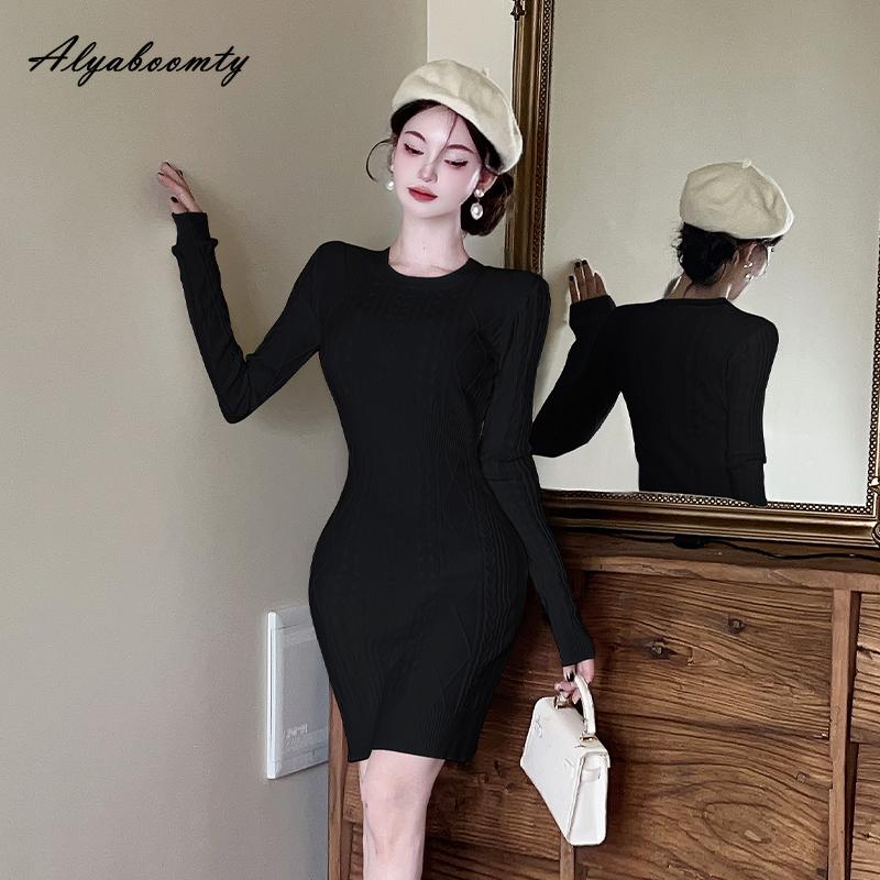 Korean Fashion Autumn Winter Women Basic Sweater Dress O Neck Beige Black Red Knitting Dress Knitted Warm Elegant Ladies' Short All-Match Dress