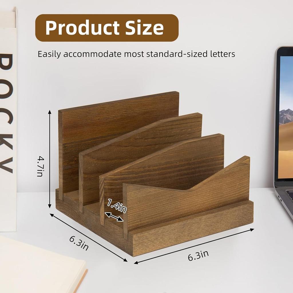 Wooden Mail Organizer Countertop, 3 Slots Mail Holder for Paper, Bill, File, Envelope, Rustic Letter Holder for Desk, Vertical Letter Organizer