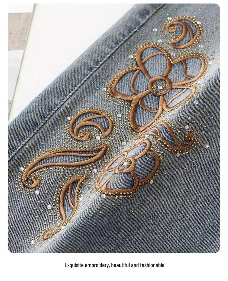 Spring 2026 Women's Chinese Style Embroidered Jeans: Trendy, Loose, Slimming Wide Straight-Leg Pants