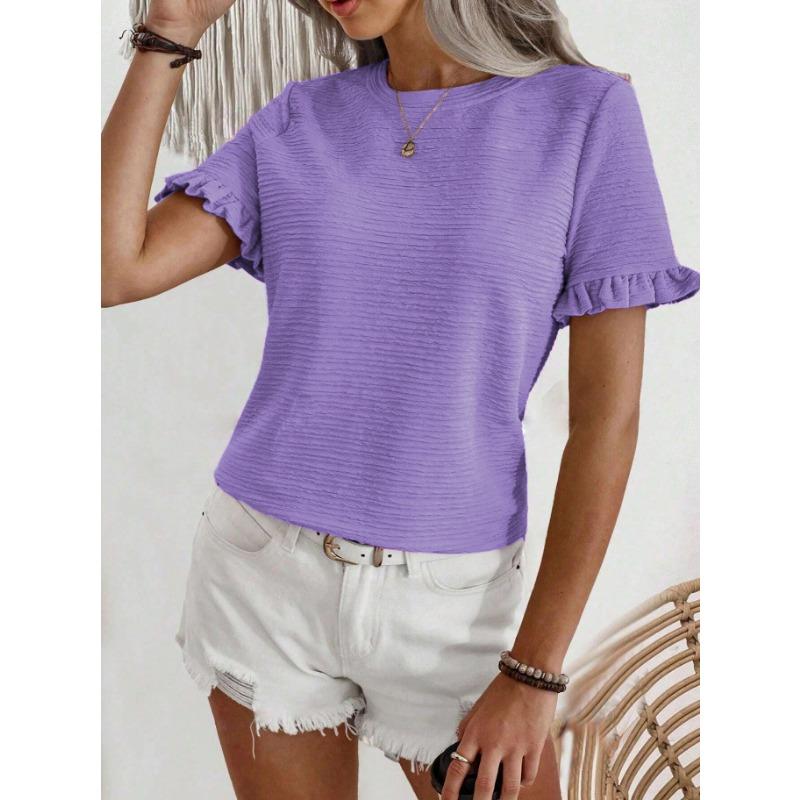 Camiseta de Verano para Mujer de Cuello Redondo con Volantes y Manga Corta