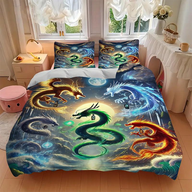 3pcs Mythical Dragons Duvet Cover Set, Cover For Bedroom Guest Room (1 Duvet Cover + 2 Pillowcase, Without Quilt),  yy250922161