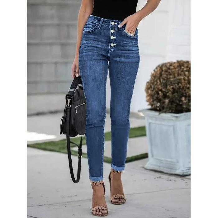 Women's Plus Size Slim Fit Multi-button Elastic Washed Denim Jeans