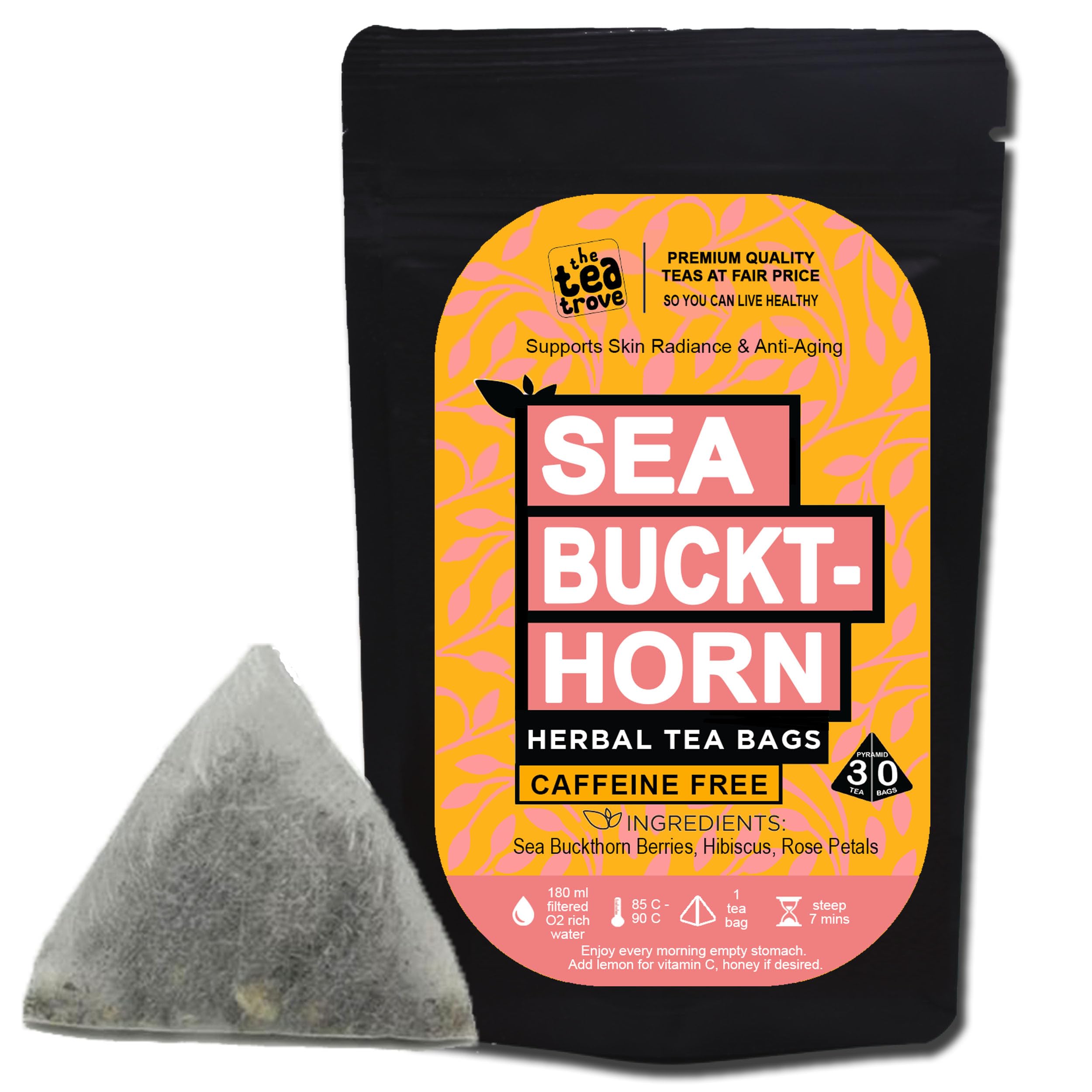 The Tea Trove Sea Buckthorn Berry Tea Bags 30 Count | Seabuckthorn Herbal Blend with Rose Petals and Hibiscus | Sea Buckthorn Leaf Tea | 45g фото