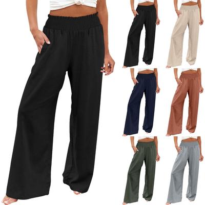 Verão algodão linho calças largas perna feminina solta palazzo pant bolso cintura elástica calças casuais