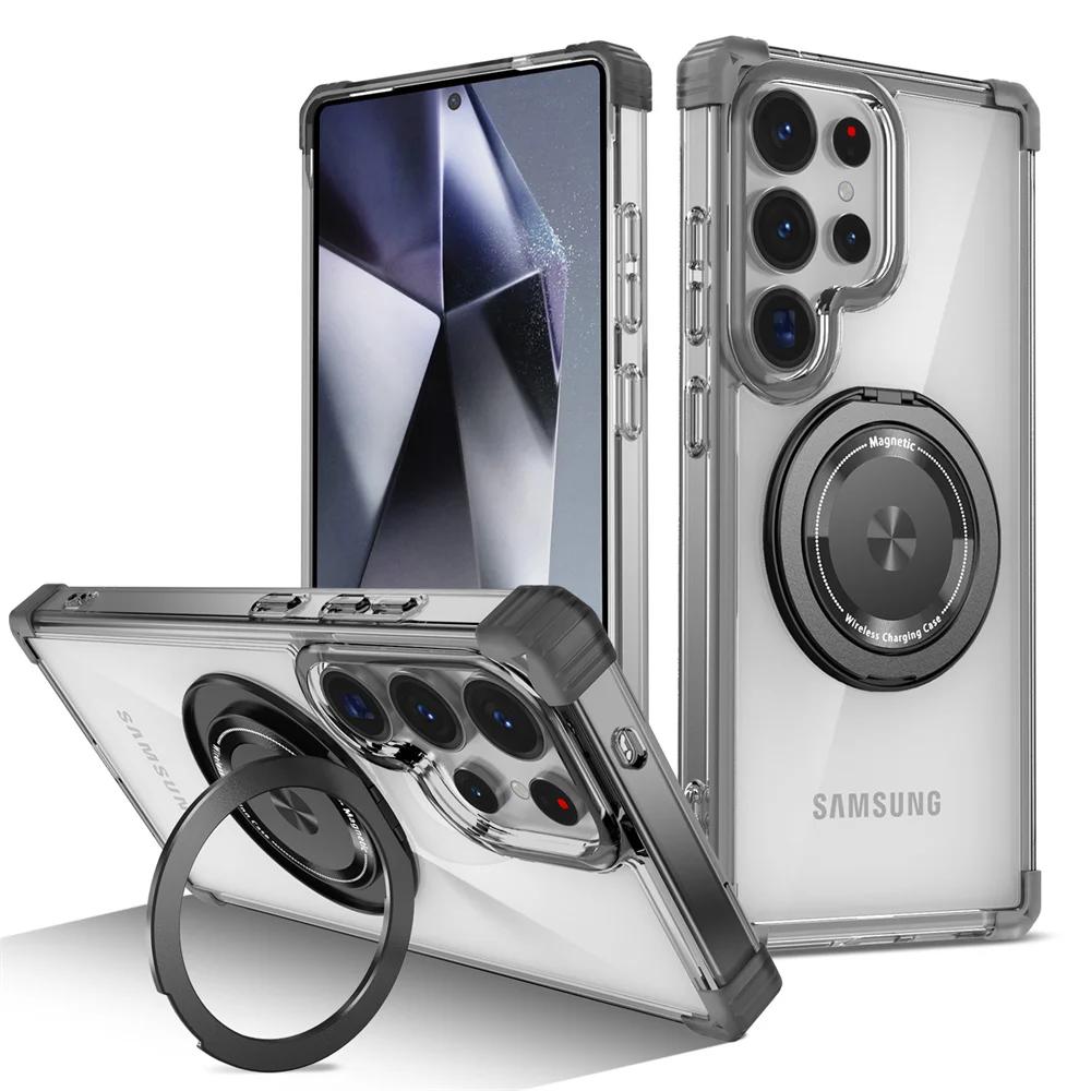 Support Pliant Magnétique Rotatif Coque de Téléphone Transparente pour Samsung S26 S25 S24 S23 Plus FE S21 Ultra Housse Blindée Résistante aux Chocs