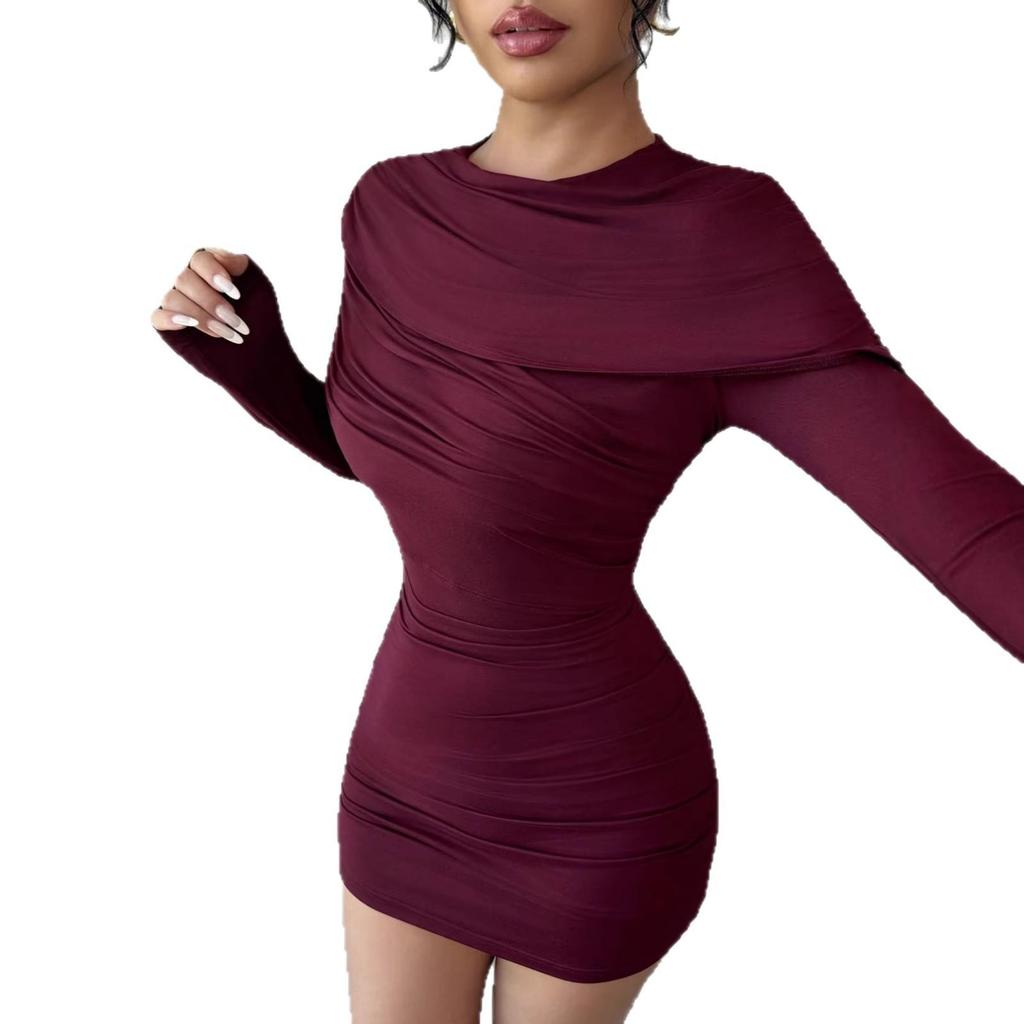 Elegant Women's Ruffled Shawl Dress - Slim-Fit, Long Sleeve, Hip-Hugging, Spring/Summer Fashion.