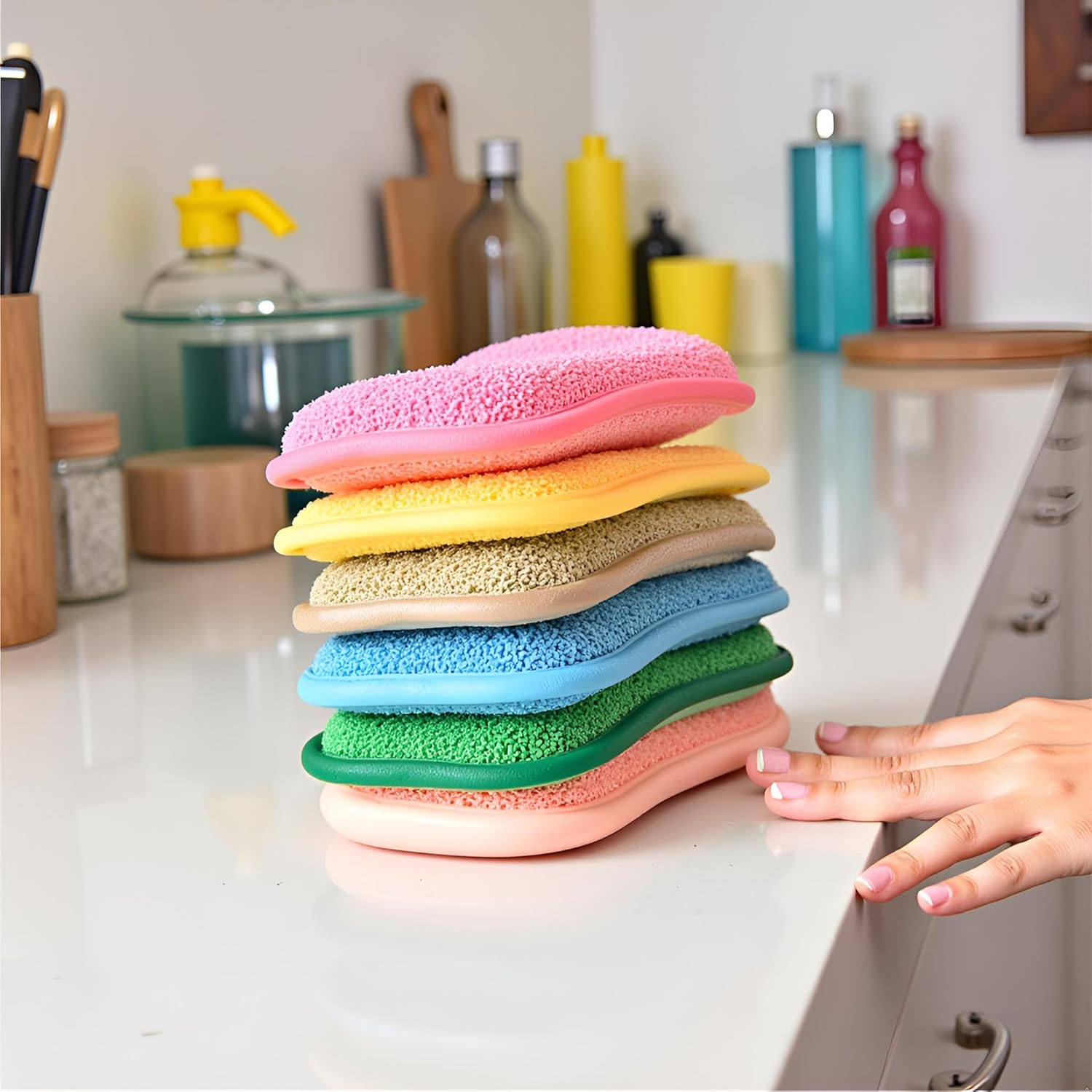 Multipurpose Kitchen Scrub Sponges, Heavy Duty Cleaning Non-Scratch Scrub Sponge, Reusable Microfiber Sponge for Household Cleaning, Six Color