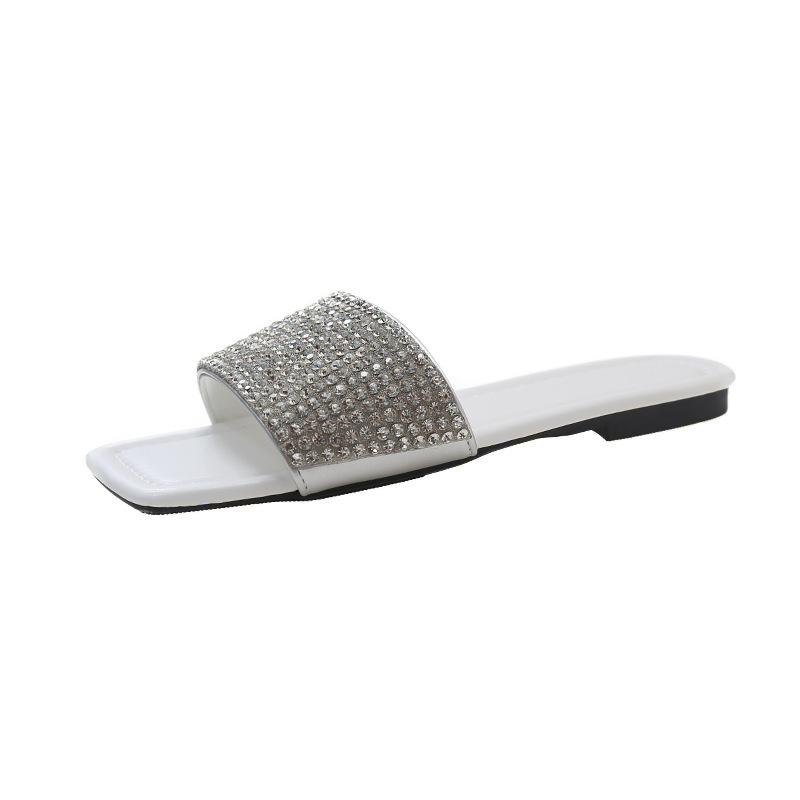 Large-sized Summer New Water Diamond Fashionable and Comfortable Flat One-line Korean Style Square Toe Casual Flip-flops 36-43