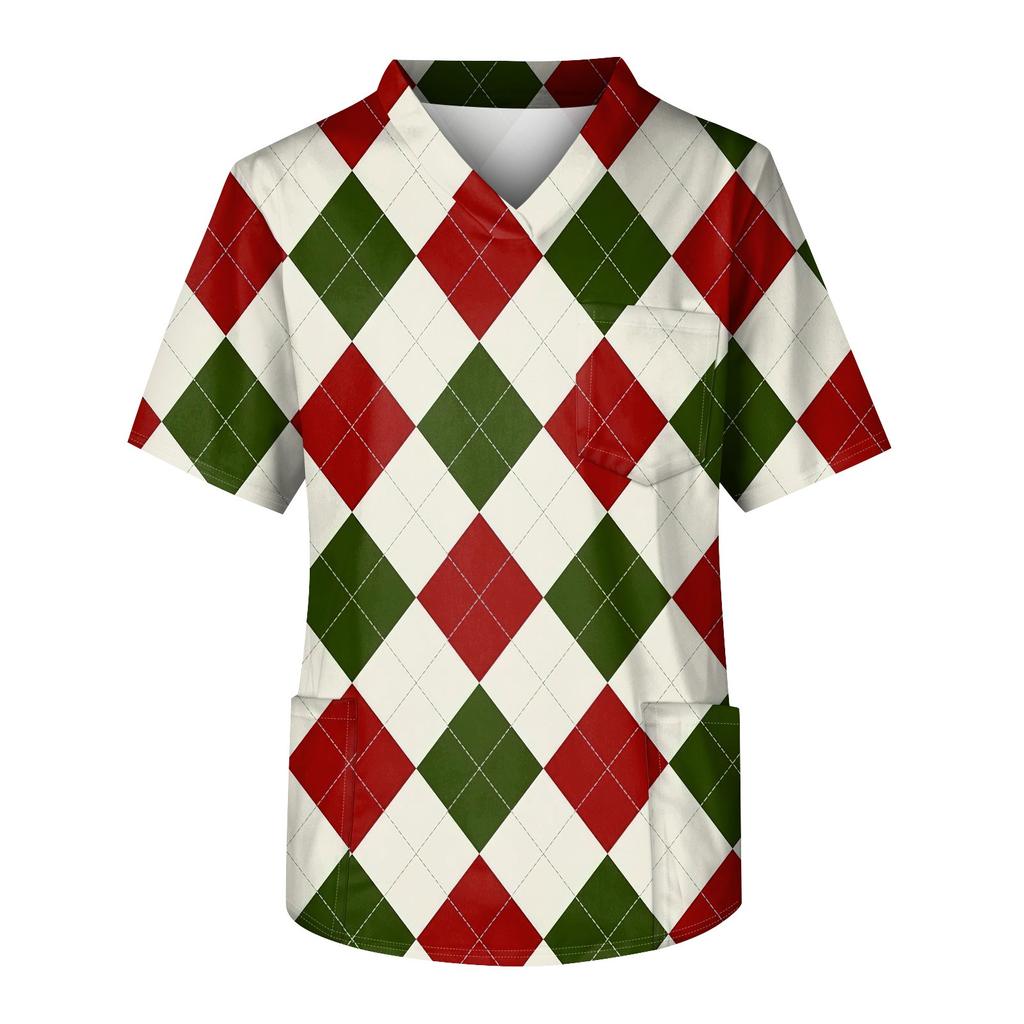 Men's Printing Short Sleeve V-neck Working Blouse Chest Pocket Carer Top