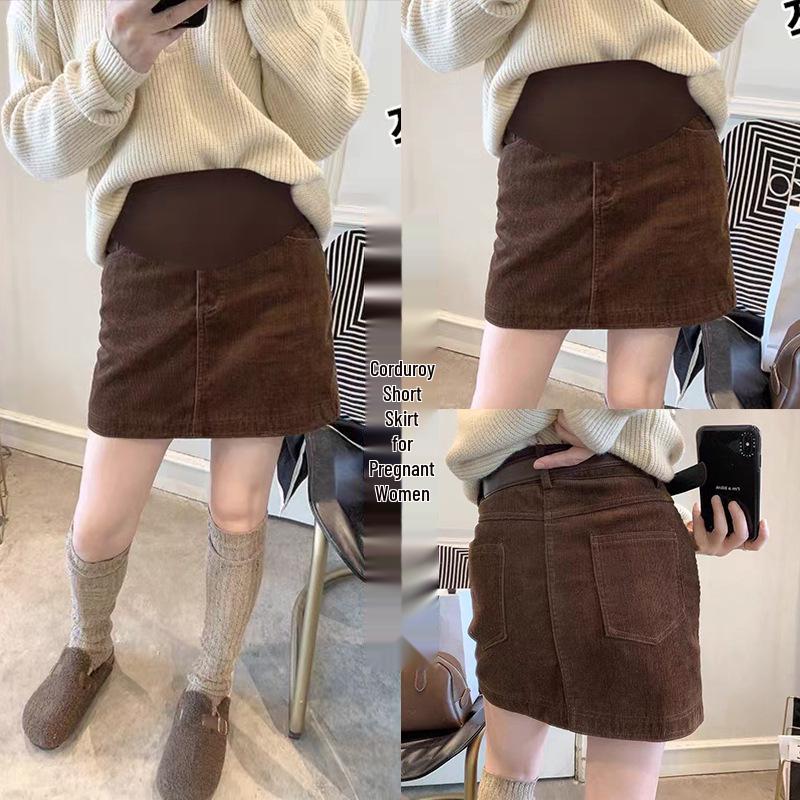 

Maternity Corduroy A-line Skirt: Korean Style, Tummy Support, Autumn/Winter Fashion 2XL кавовий