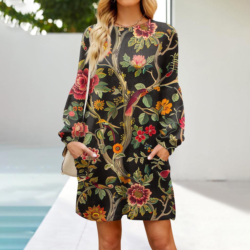 Fashion Womens Long Sleeve A Line Dress Fall Casual Pullover Crewneck Loose Fit Dress With Pockets