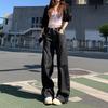 Women's Black Floor-Length Wide-Leg Jeans - High-Waisted, Loose-Fit, Drapey, Slimming Bootcut for Autumn/Winter 2024.