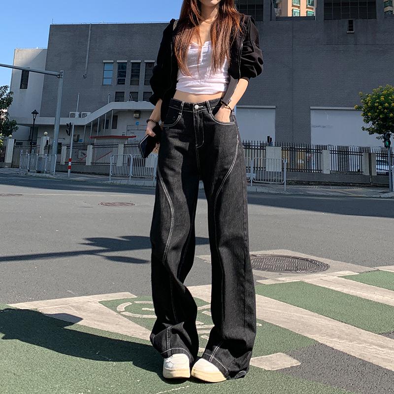

Women s Black Floor-Length Wide-Leg Jeans - High-Waisted, Loose-Fit, Drapey, Slimming Bootcut for Autumn/Winter 2024. L