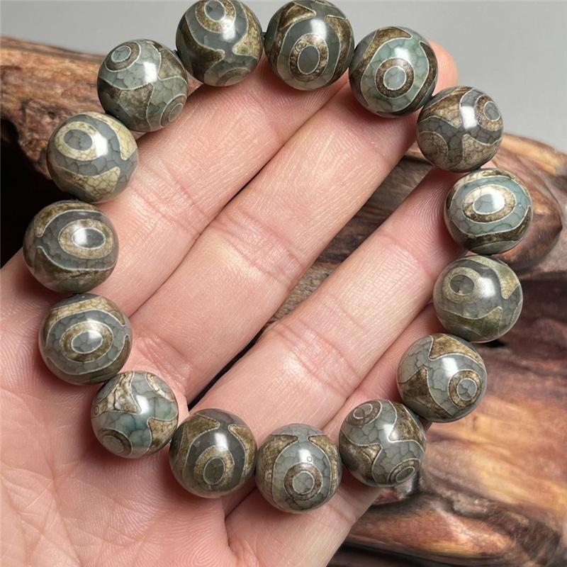 14MM Natural Agate Dzi Bead Stone Bracelet for Men Tibetan Chinese Style Spiritual Protection Handmade Stretch String Buddhist Gift