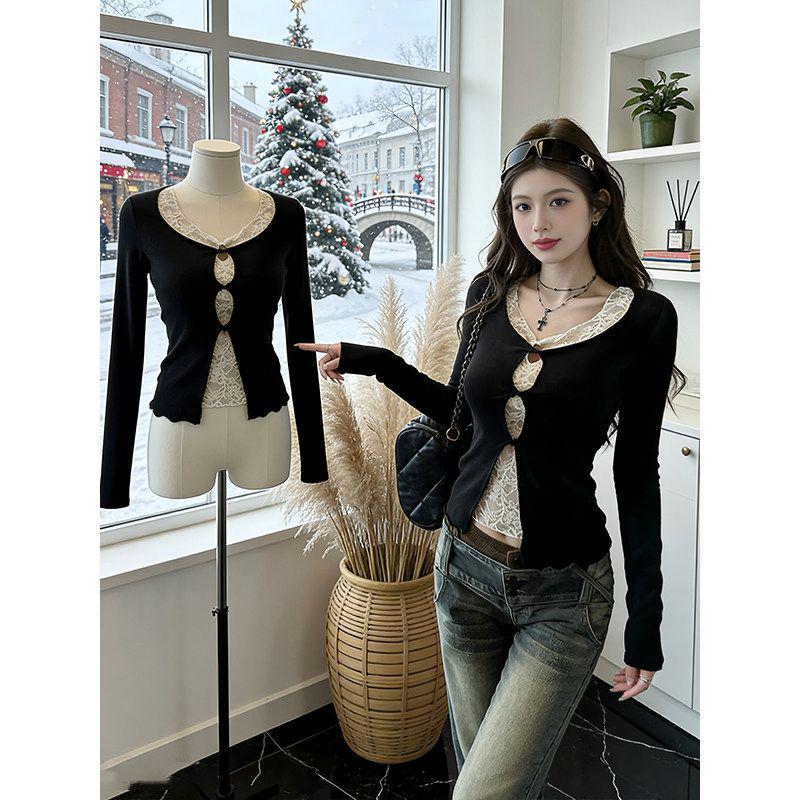 Women's Black V-Neck Lace Patchwork Knit Top - Long Sleeve, Hollow Out Inner Layer for Autumn/Winter.