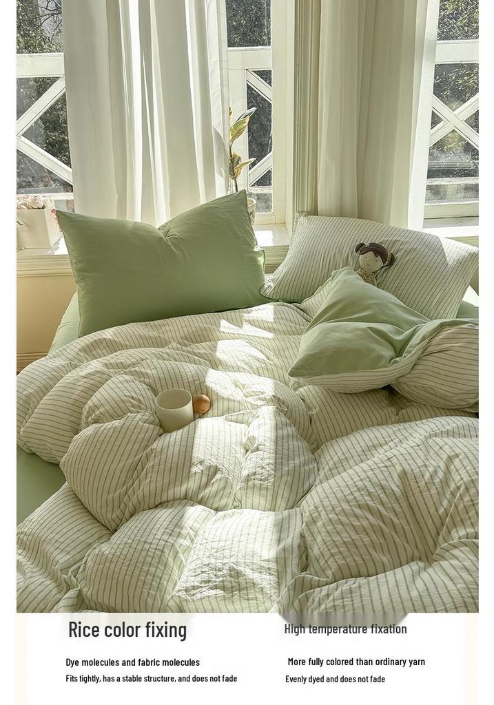 Ins Style Cotton Brushed Stripe Bedding Set: Skin-Friendly Bed Sheet, Duvet Cover, and Bed Skirt for Student Dorms