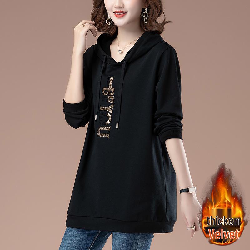 Women's Mid-Length Hooded Sweatshirt - Loose Fit, Plus Size, Casual Top for Spring/Autumn, Hip-Covering Design for Middle-Aged Moms
