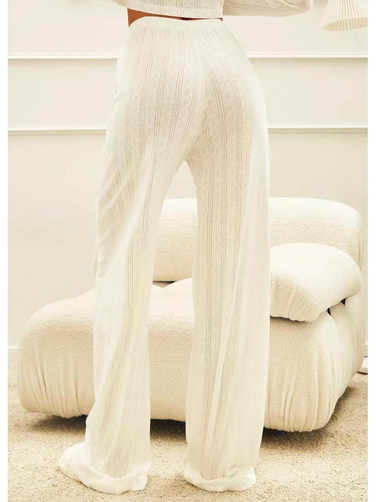 European Fashion Long Sleeve Jacquard Pajama Set with Hollow Design - Sexy Slim Fit Long Pants Home Wear