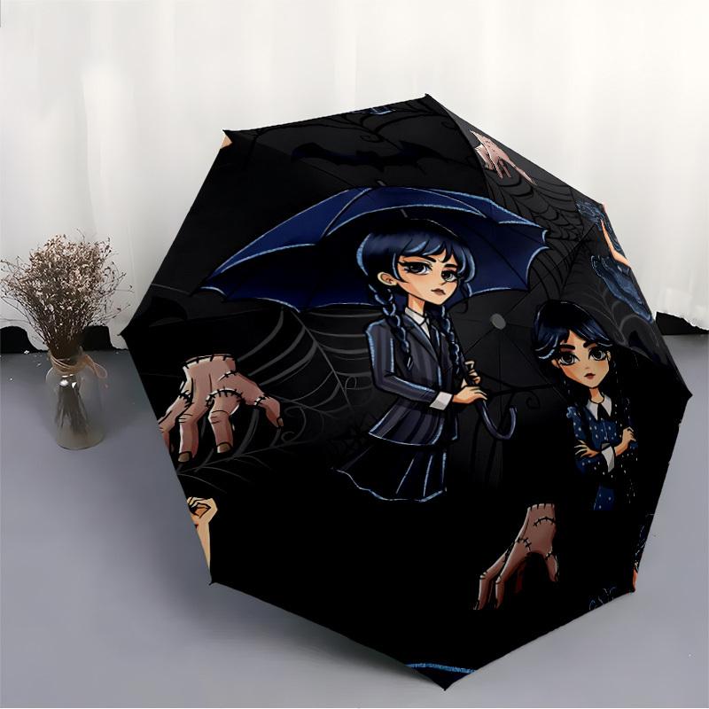 1pc Wednesday Addams Gothic Horror Automatic Folding Umbrella, Durable Plastic & Iron, Lightweight for Outdoor Daily Use  015