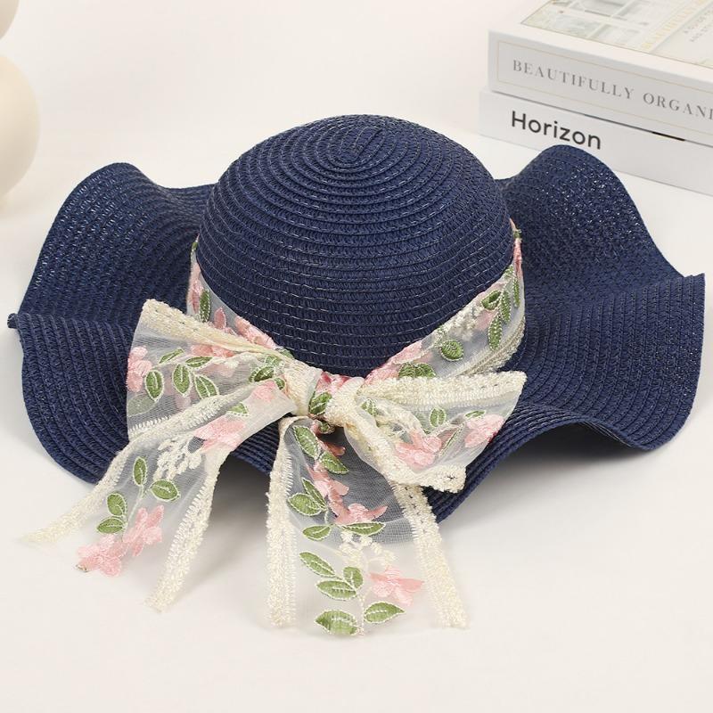 Hot Sale Flower Lace Ribbon Sun Hat Seaside Vacation Bow Sun Hat Wave Edge Stylish Straw Hat