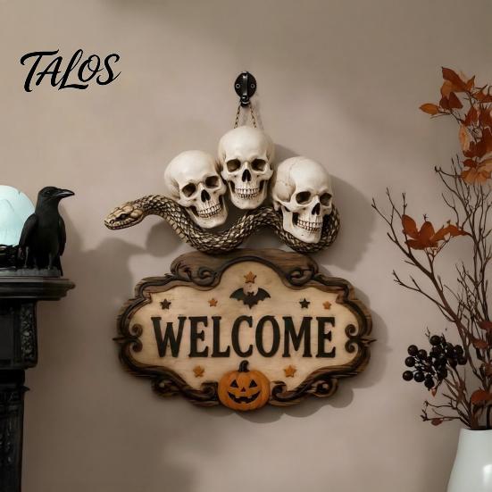 Haunted House Supplies Halloween Wooden Welcome Sign, Spooky Skull Frog Crow Witch Door Hanger, Hanging Plaque 2D Wall Sign for Home Party Decor
