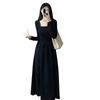 Black square neck long-sleeved dress children's autumn new French Hepburn style long dress feeling early autumn wear