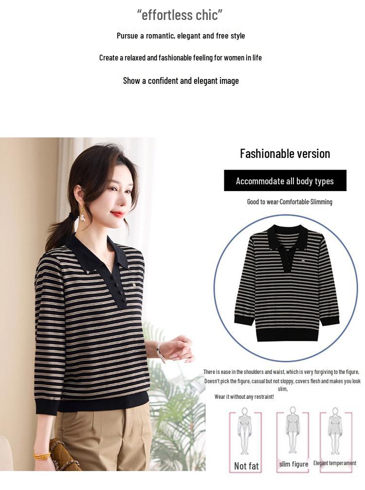 Mom's Stylish Spring Striped Lapel Knitwear for Middle-Aged & Elderly Women - Age-Reducing, Loose Fit T-shirt Top