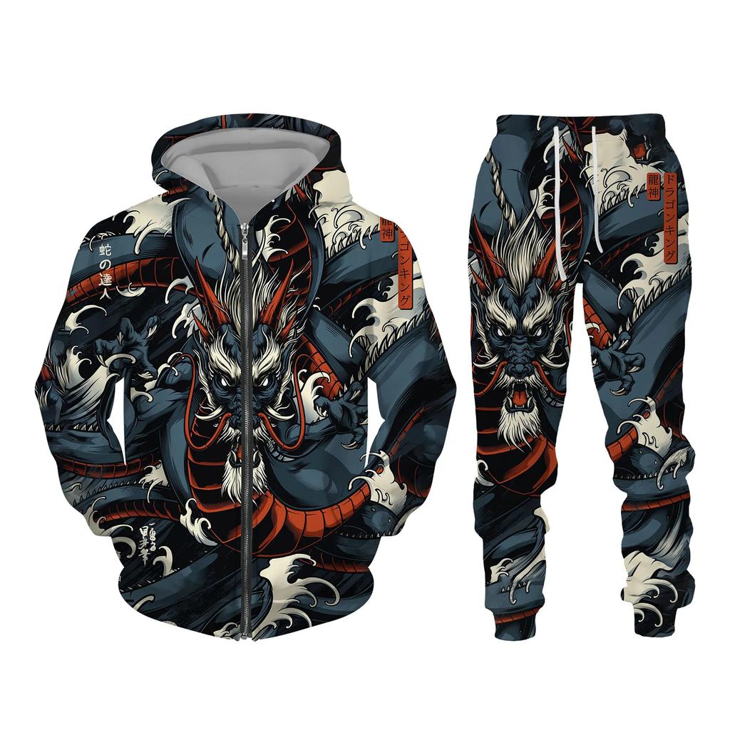 Autumn 3D Oriental Dragon God Printed Herre Hette Genser Set Mannlig Japansk Samurai Tatovering Glidelås 3d Treningsdress Herreklær Dress