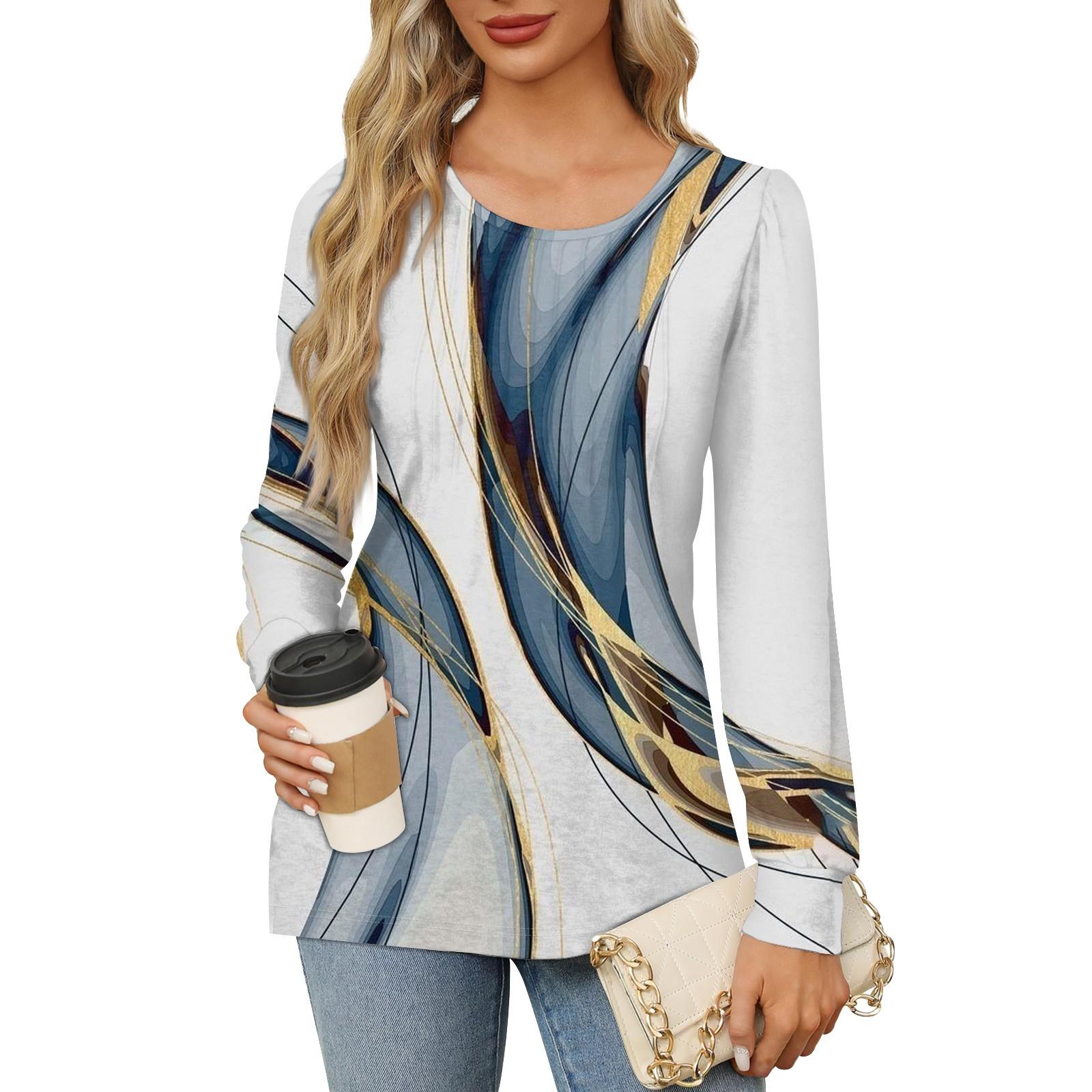 Женская повседневная плиссированная футболка с круглым вырезом и длинными рукавами — фото 13