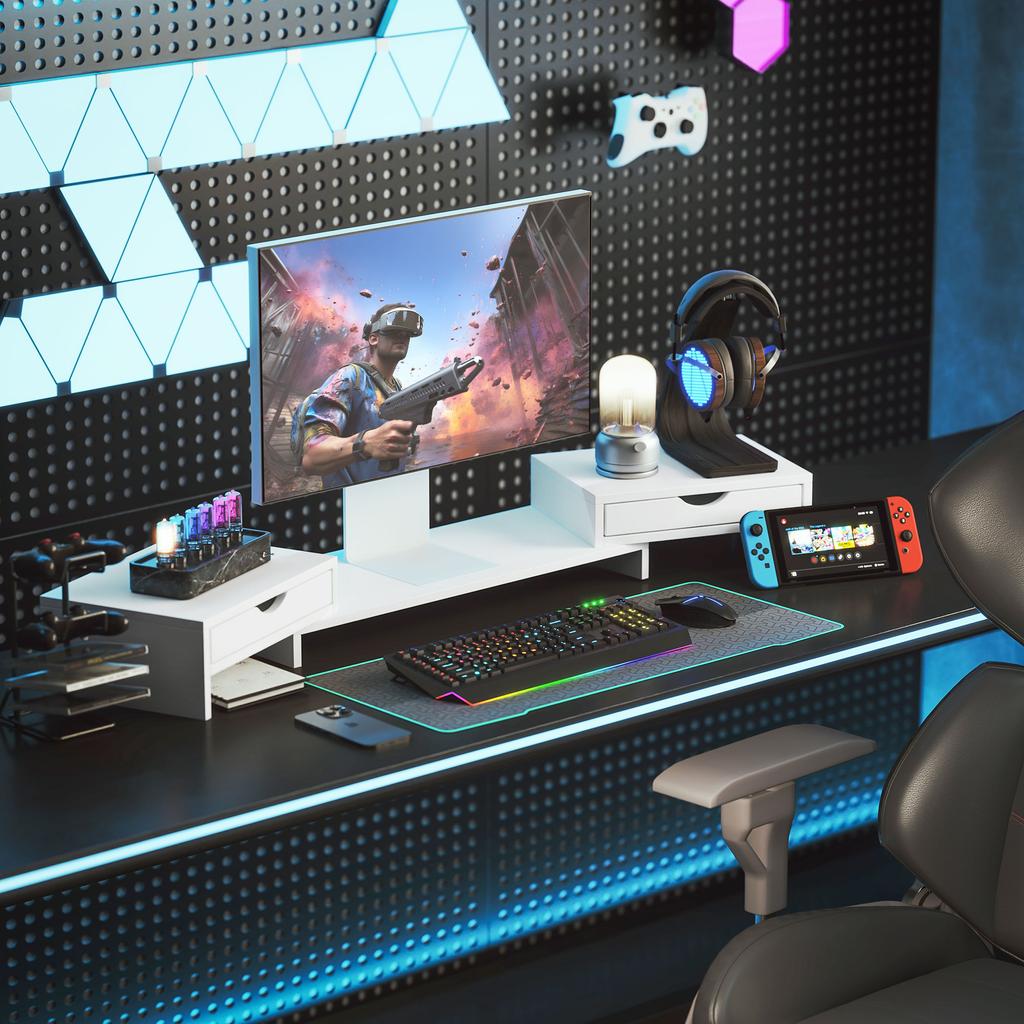 PC Screen Riser Desk Computer Monitor Stand 60-116 Cm with 2 Drawers, Adjustable Length and Angle