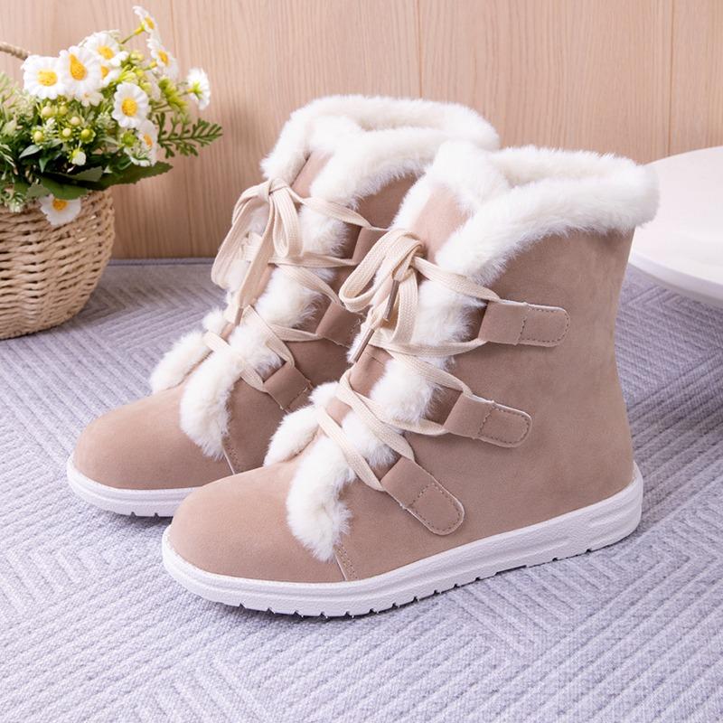 Large Size Snow Boots for Women's Autumn and Winter New Velvet Thickened Lace-up Warm Flat Cotton Boots for Women