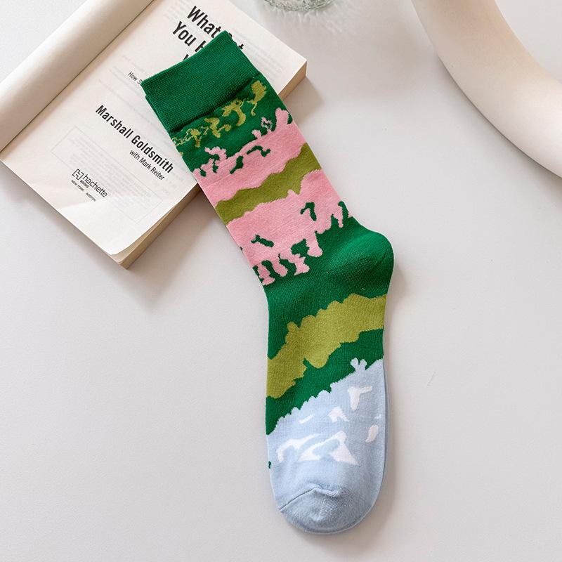 Ladies Spring and Autumn Landscape Abstract Art Green Stripe Color Contrast Tube Socks