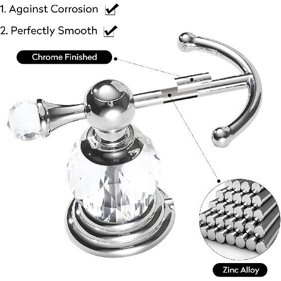 BATHSIR Crystal Robe Hook, Polished Chrome Double Towel Hook for Bathroom, Wall Mounted Silver Coat Hook