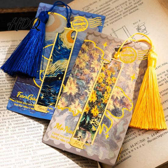 High-end Metal Bookmark Bookmarks with Tassel Hollow Out Oil Painting Theme Book