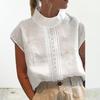 Stand-Neck Short Sleeve Retro Tops Hollow Out Lace Stitching Loose Fit Thin Women Solid Color Shirt Top Streetwear
