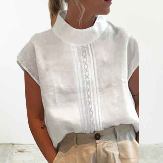Stand-Neck Short Sleeve Retro Tops Hollow Out Lace Stitching Loose Fit Thin Women Solid Color Shirt Top Streetwear