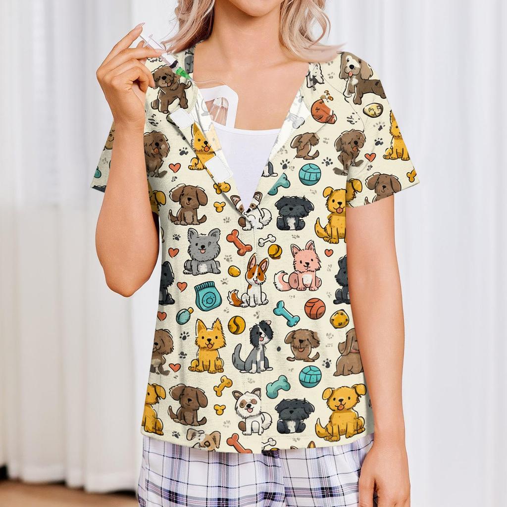 Camicia Post-Chirurgica da Donna a Maniche Corte con Quattro Tasche e Bottoni, Stampa a Righe, Top Casual per il Recupero