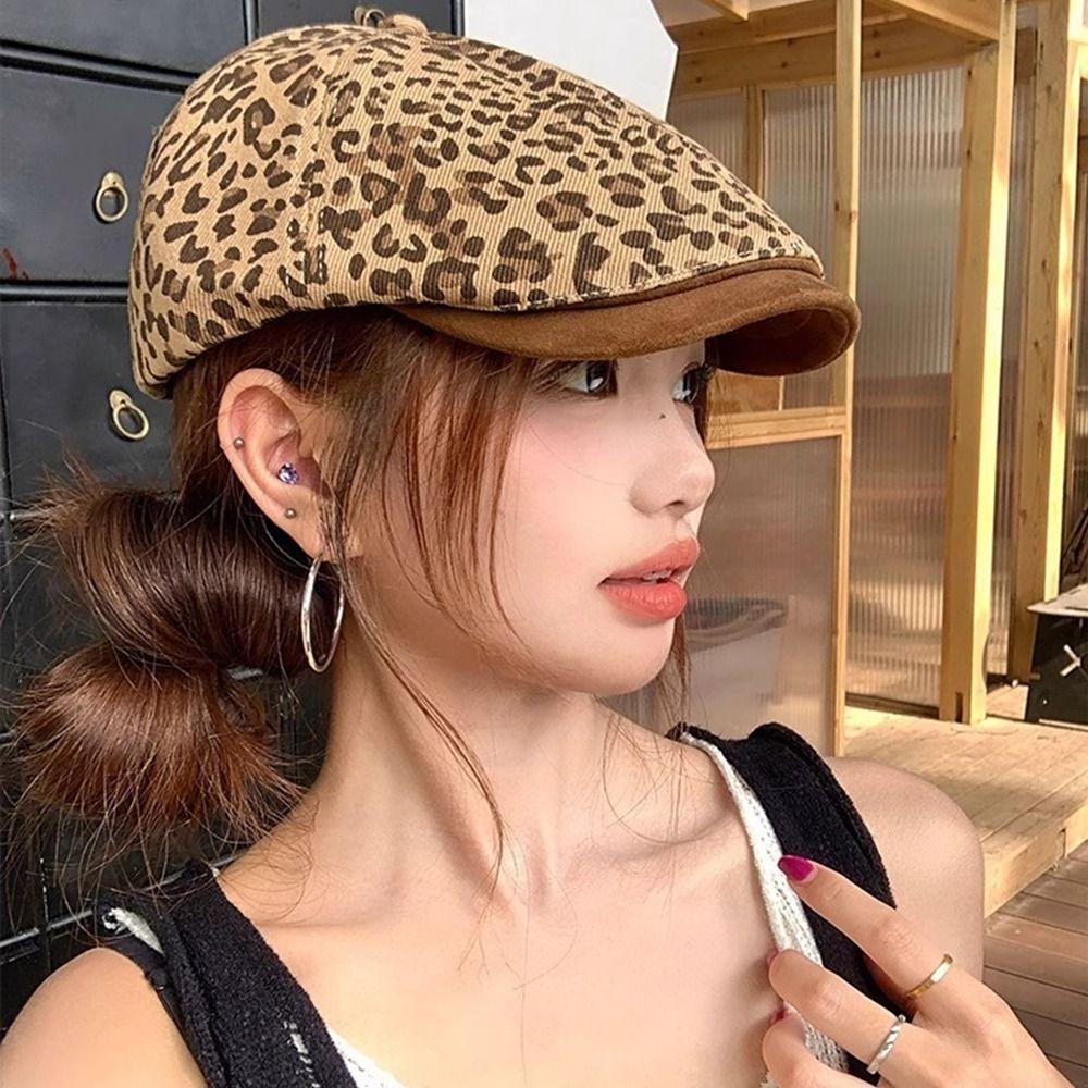 Flat Leopard Newsboy Cap Vintage Painter Cap Trend Leopard Print Beret  Streetwear