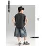 Boys' Trendy Sleeveless Set: Summer Thin Denim Bermuda Shorts & Spray Dye Print Vest T-shirt.