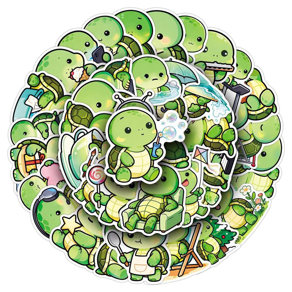 50 Cute Cartoon Turtle Stickers: Beady-Eyed Mochi Decorations for Water Bottles, Journaling, Desktops, and Helmets