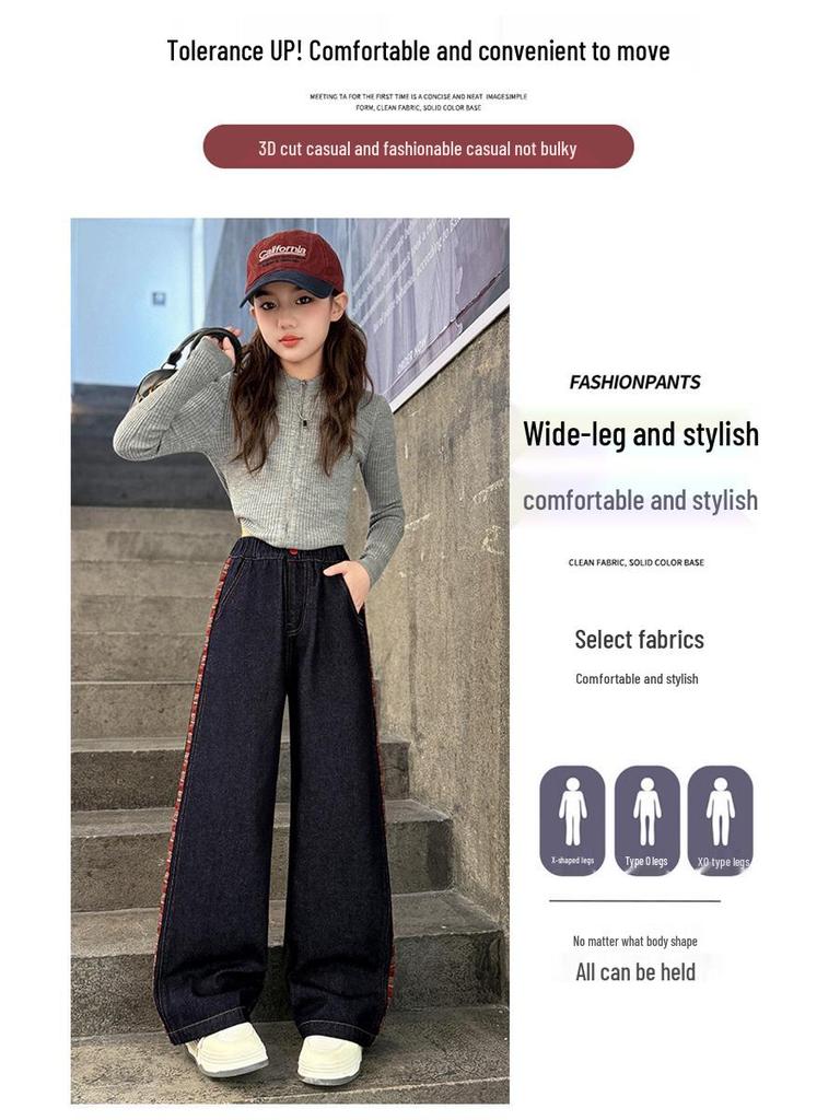 2025 Dívčí zimní kalhoty s fleecovou podšívkou: Silné džíny se širokými nohavicemi pro velké děti