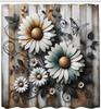 Vintage Shower Curtain, Blooming Chamomile Flowers And Swirls On Grunge Rustic Wooden Background, Cloth Fabric Bathroo