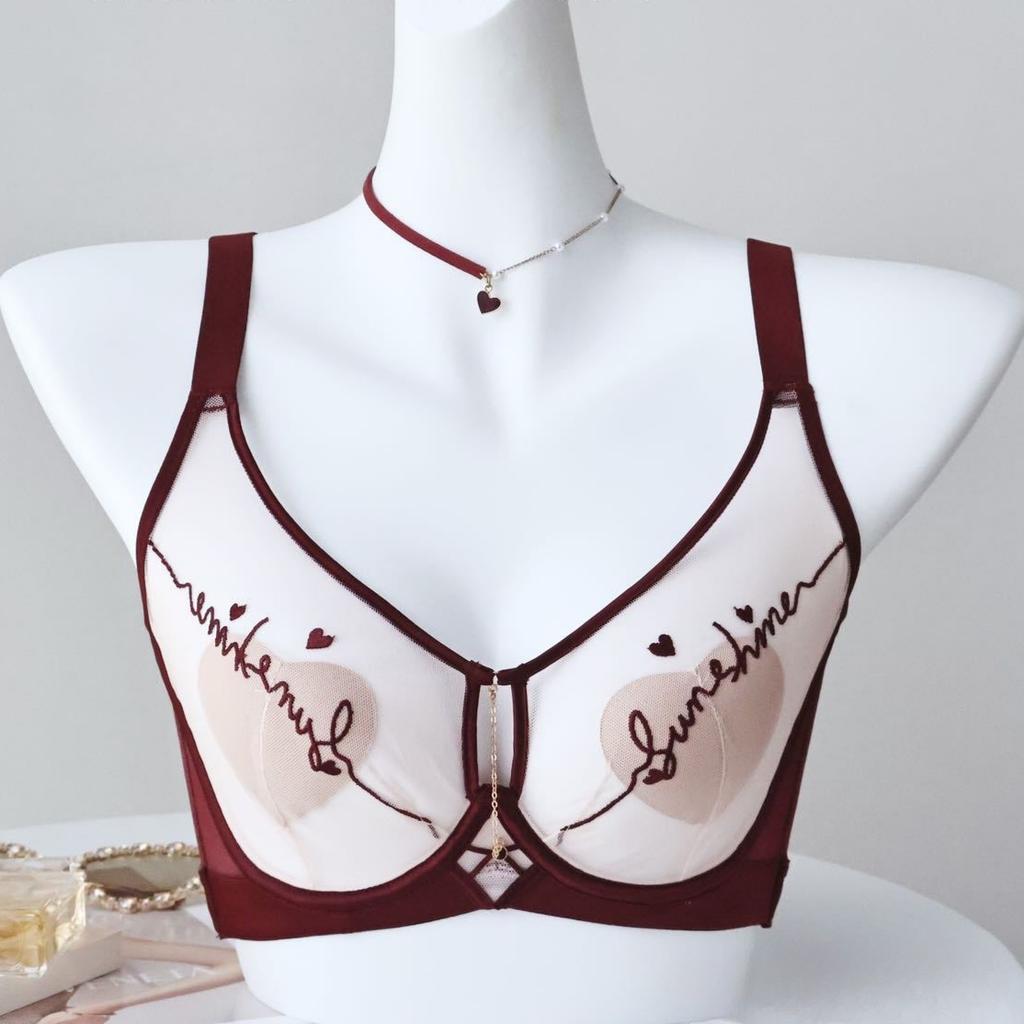 French Letter Embroidery Semi-transparent Mesh Heart Cup Bra Light and Thin Breast-revealing Small Memory Wire Support Bra
