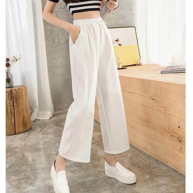 Loose Wide-leg Pants for Women In Summer New Korean Style Imitation Chiffon Pants Straight Slimming Nine-point High-waist Casual Pants for Women