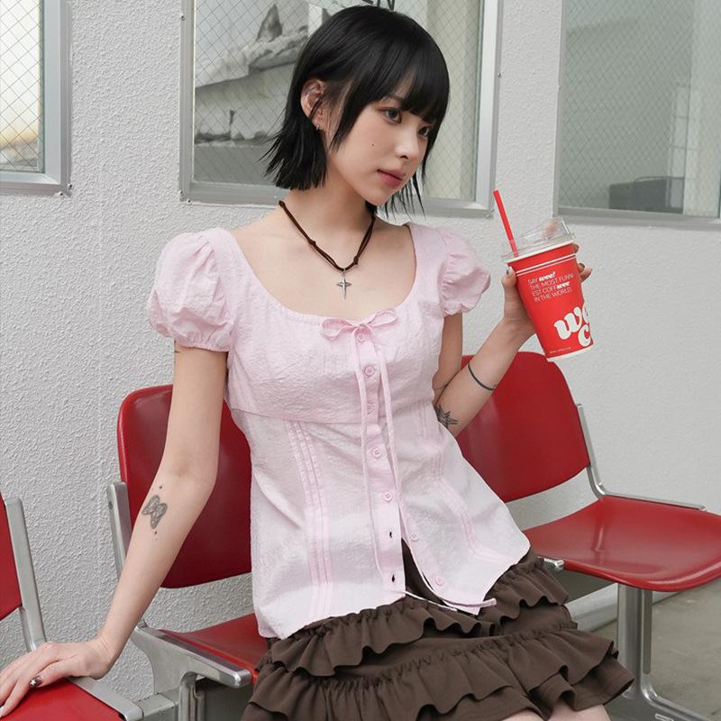 Crew Neck Bubble Sleeve Short-length Sleeve T-Shirt For Women French Solid Color Strap Waist Skinny Top Summer