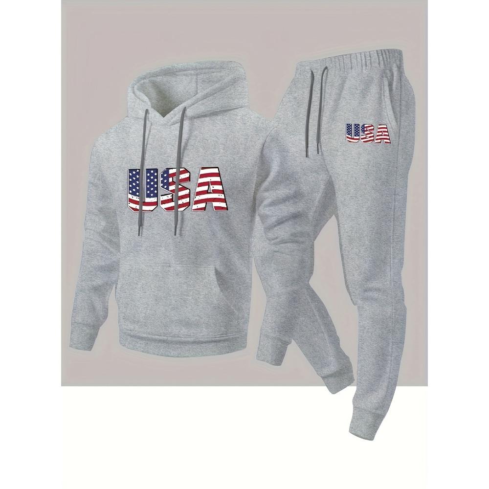 Autumn and Winter Men's Sports and Leisure Hooded Sweatshirt and Sweatpants Set 2 Pieces with Fashionable National Flag Print