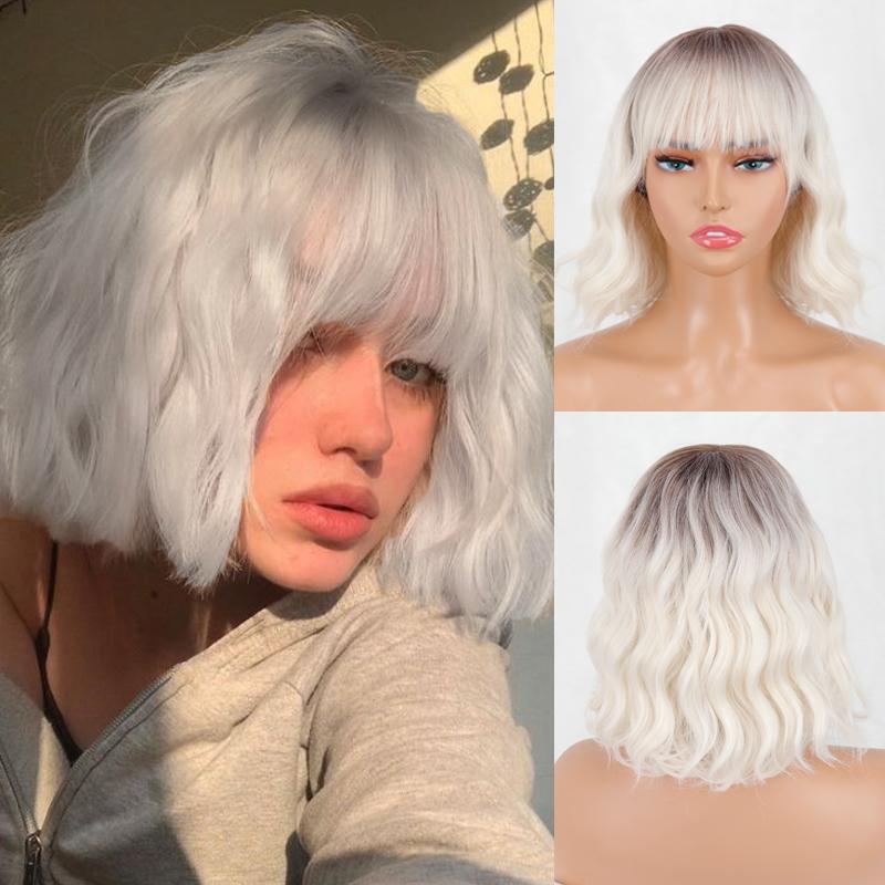 MERISIHAIR Women Short Bob Natural Wavy Pink Wig with Bangs Synthetic Fiber Short Water Wave Wig Daily Wear Cosplay